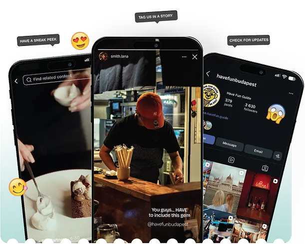 Három telefon a Have Fun Guide profiljával és budapesti helyek storyjaival