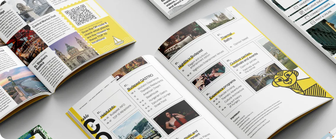 A kinyitott Have Fun Budapest magazin az asztalon, a helyekkel és a térképekkel